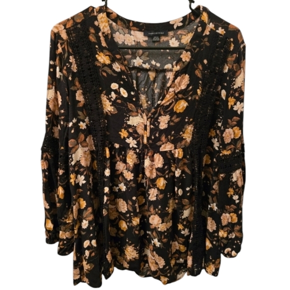 American Eagle Women's Earthy Floral Black Lace Accented Fashion Top Size S - Picture 1 of 8